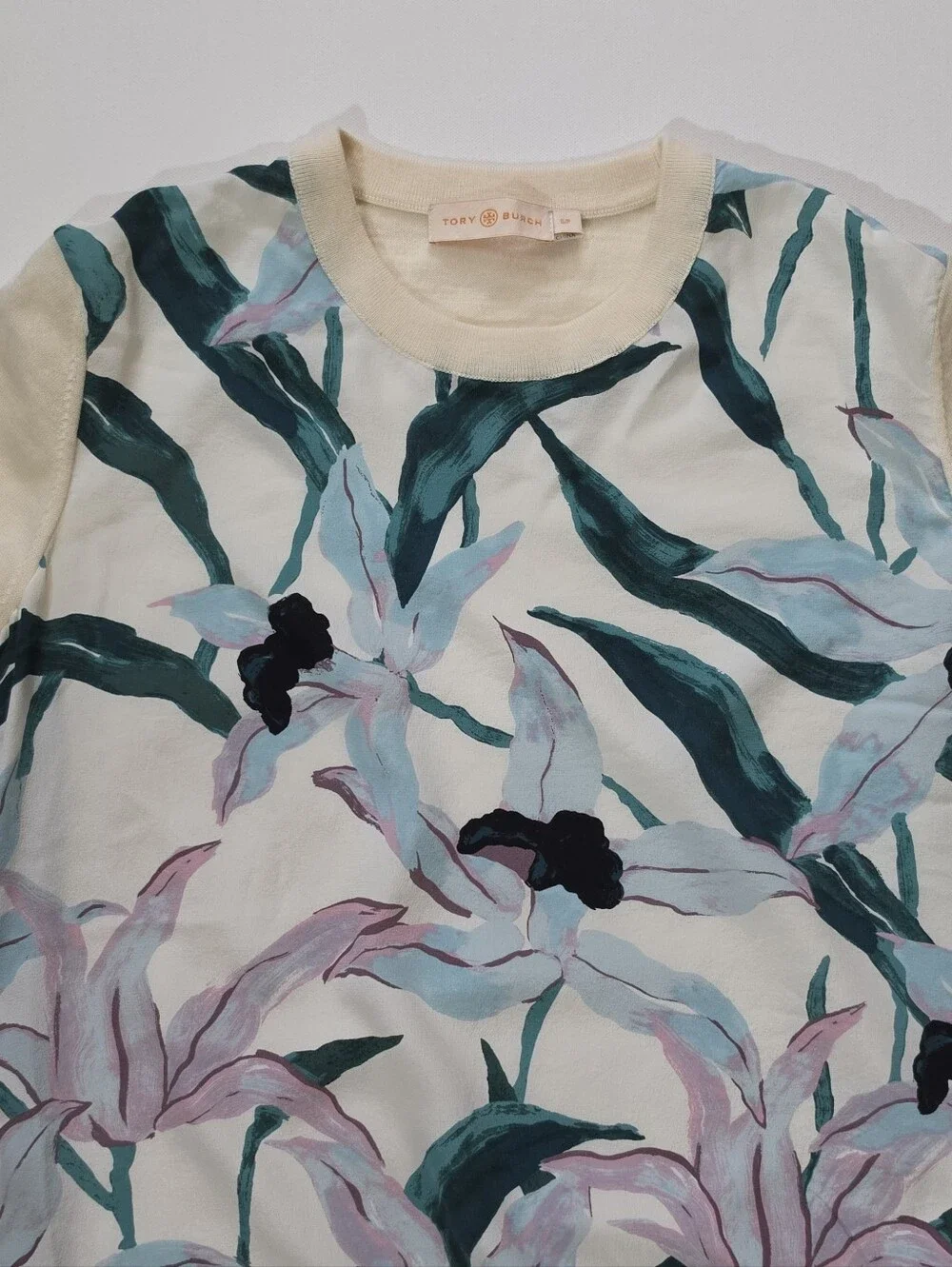 Tory Burch Merino Silk Wool Sweater Womens S/P Cream Green  Floral Feminine Chic
